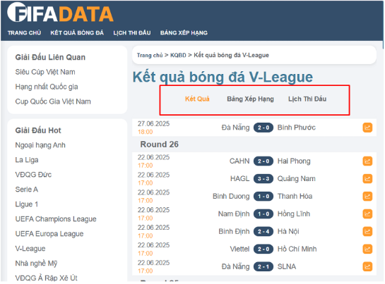 Thông tin V-League trên Fifadata được sắp xếp khoa học