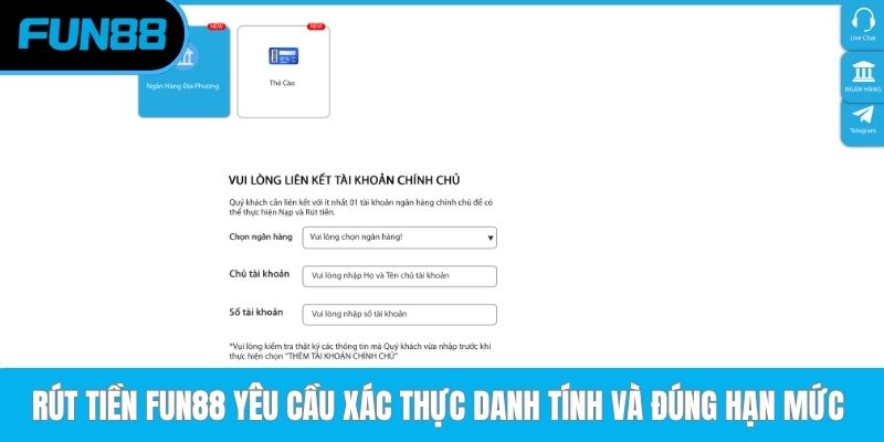 Rút tiền Fun88 yêu cầu xác thực danh tính và đúng hạn mức 